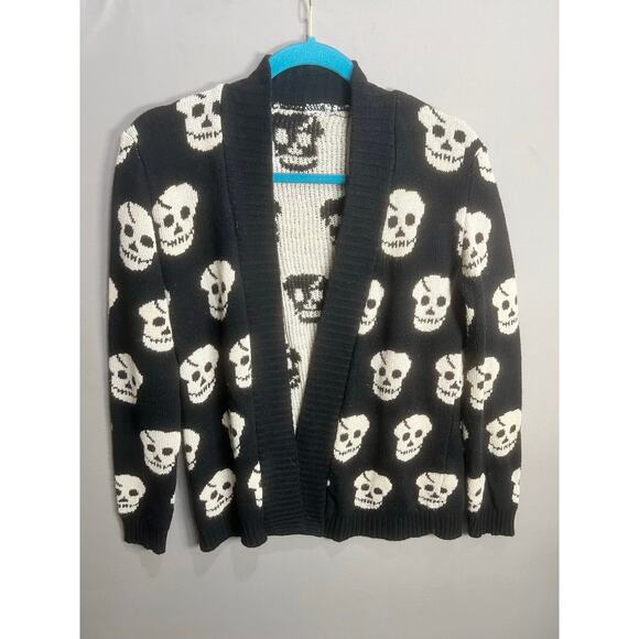 Skull Cardigan Black White Somfort Cozy Y2K Emo Goth Grunge Whimsy Rock Sz L - Picture 13 of 14